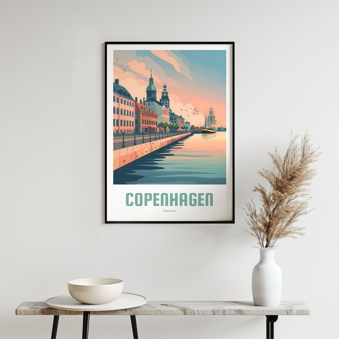 Copenhagen Denmark Nyhavn Waterfront Sailboat Scene Travel Poster - Image 3