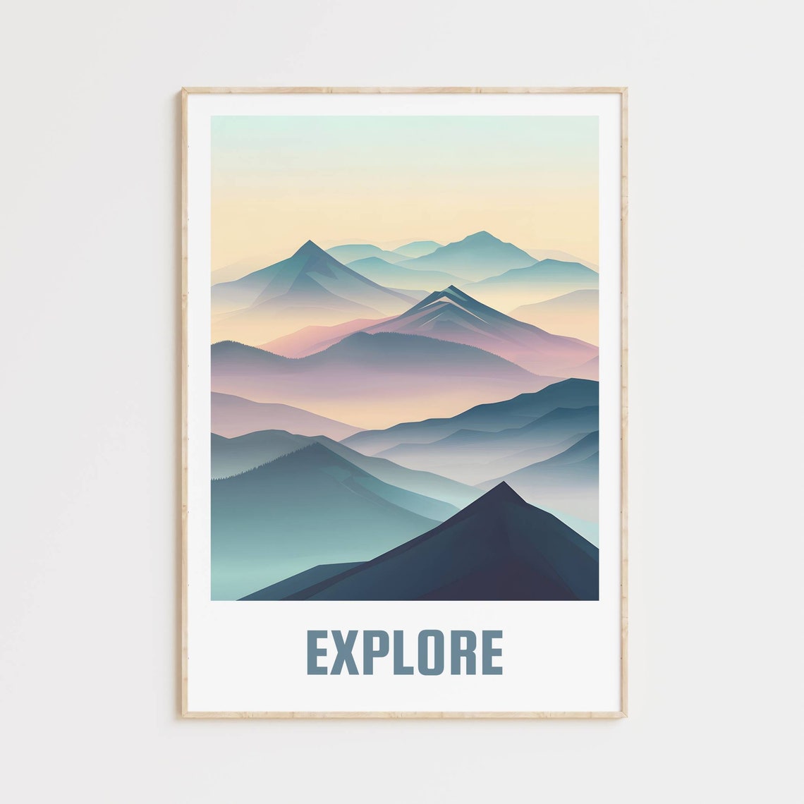 Explore Layered Mountain Ranges Pastel Gradient Art Travel Poster