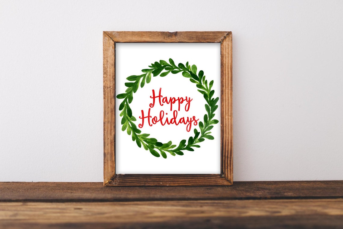 Happy Holidays Watercolor Wreath Holiday Typography Poster Gift