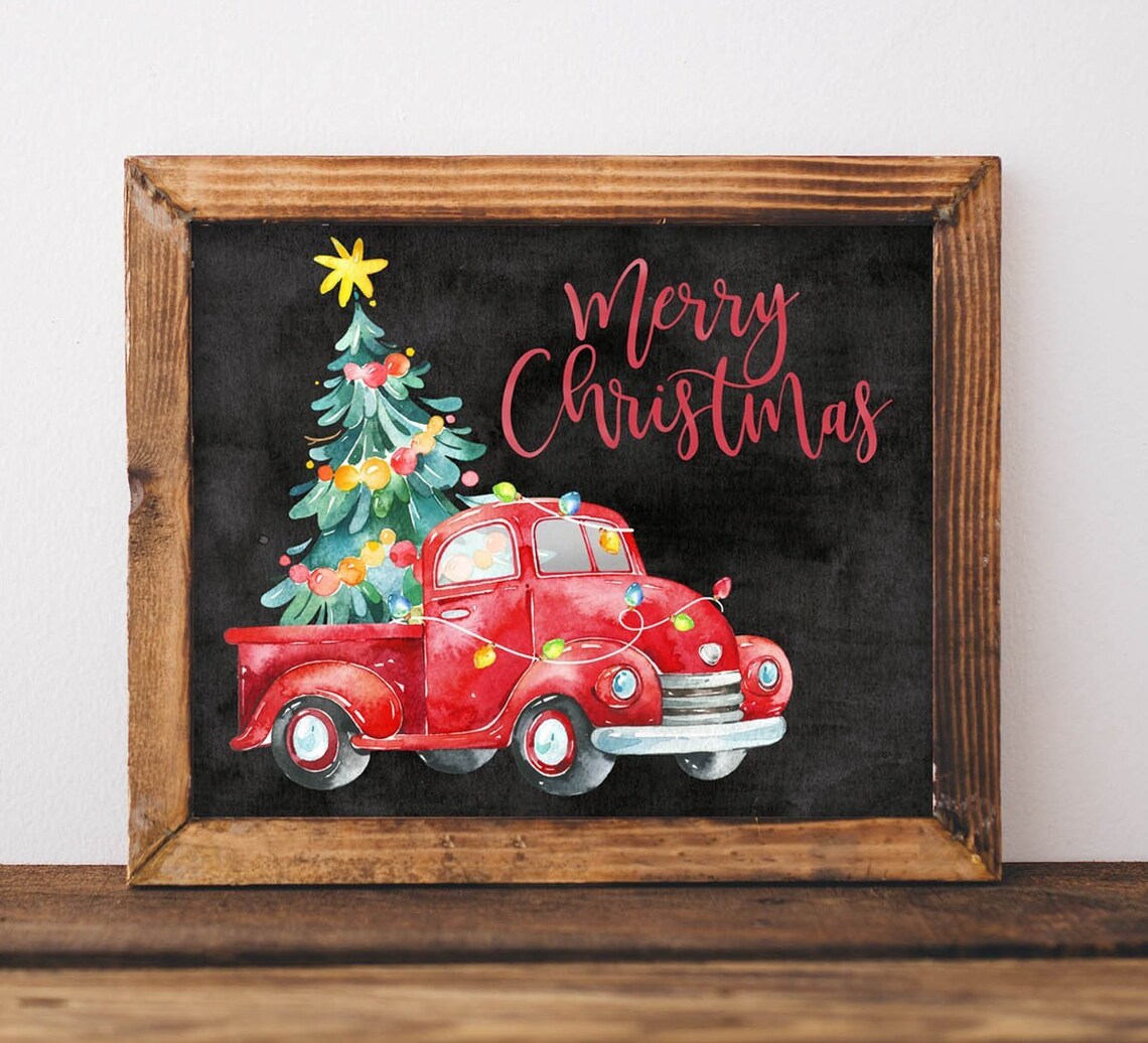 Merry Christmas Red Farm Truck Watercolor Holiday Decor Poster