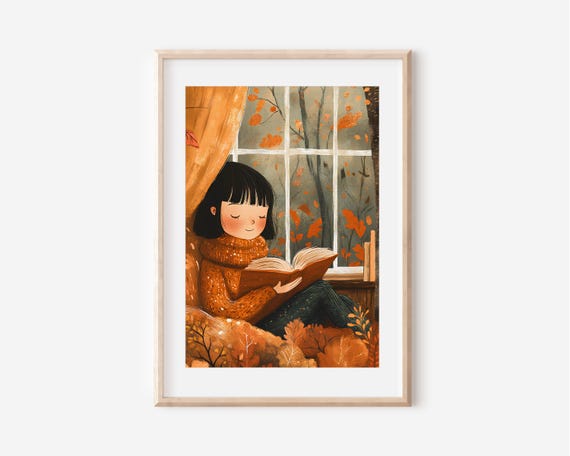 Reading Girl Book Lover Wall Art Cozy Fall Illustration Reading Girl Poster Cute Autumn Wall Art