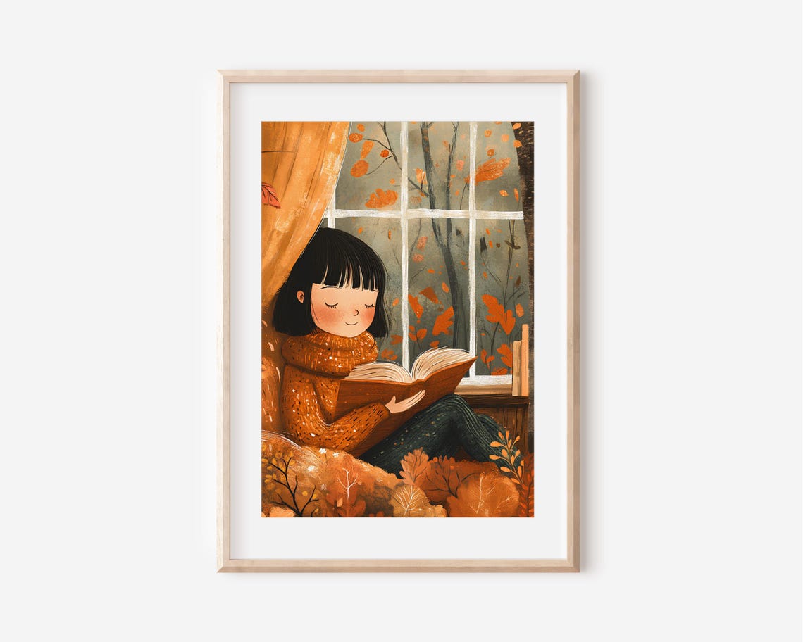 Little Girl Reading by Autumn Window Cozy Book Lover Wall Art