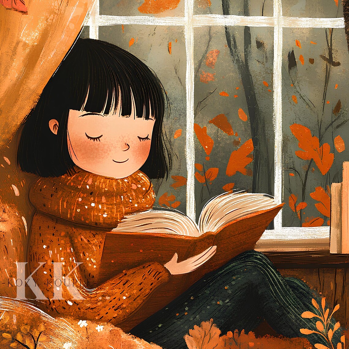 Little Girl Reading by Autumn Window Cozy Book Lover Wall Art - Image 3