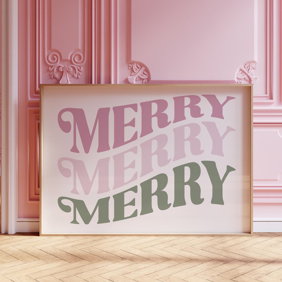 Merry Wavy Retro Lettering Pink Sage Christmas Holiday Art Print