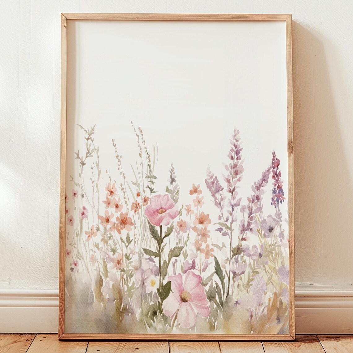 Watercolor Wildflowers Pink Lavender Minimal Botanical Art Poster