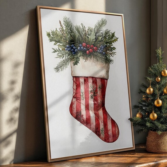 Red And White Striped Stocking With Winter Greenery Art Poster