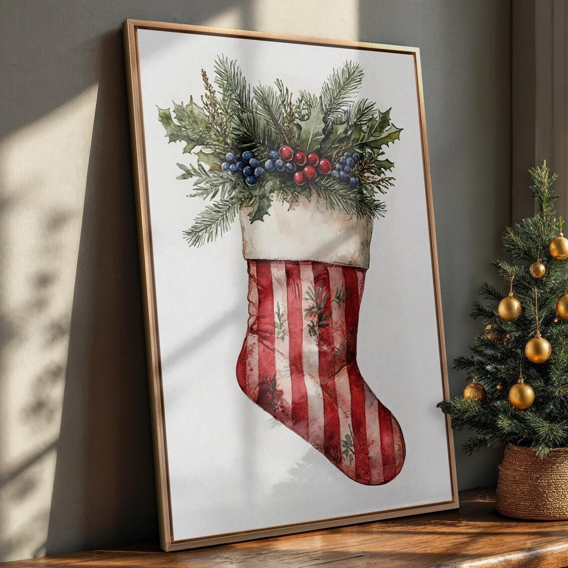 Red And White Striped Stocking With Winter Greenery Art Poster