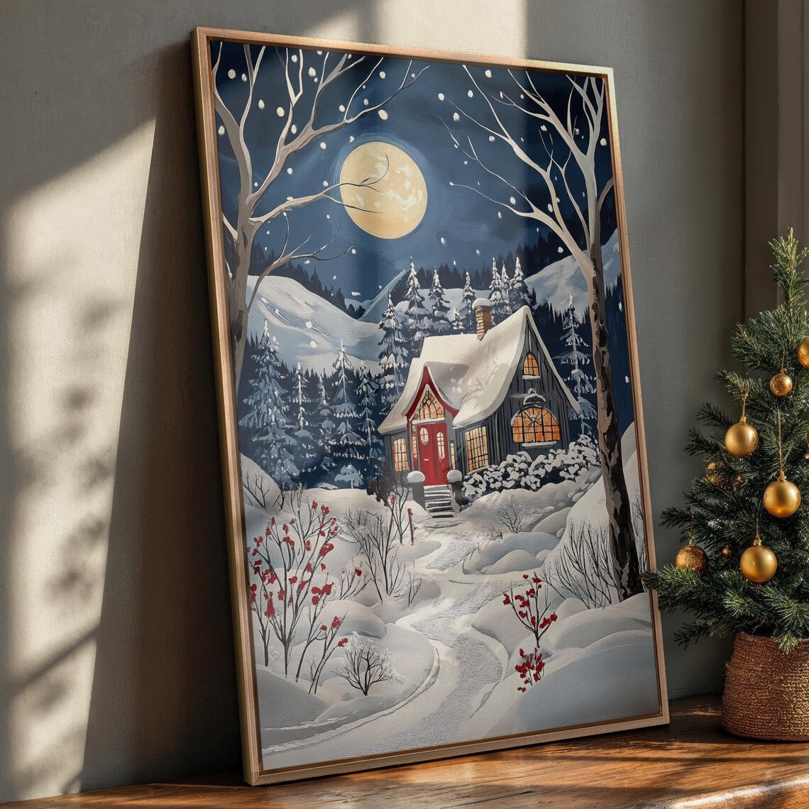 Moonlit Snowy Cottage Night Scene Winter Landscape Painting Poster