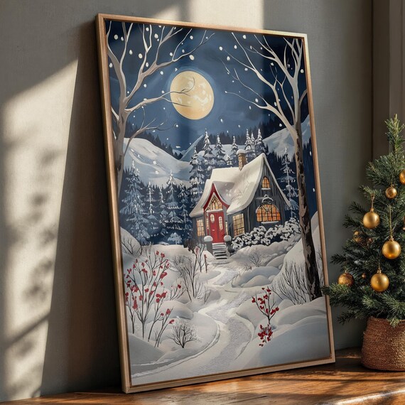 Moonlit Snowy Cottage Night Scene Winter Landscape Painting Poster