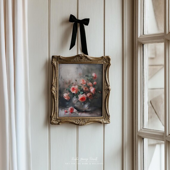 Moody Vintage Roses Gray Vase Oil Painting Wall Art Vintage Print Flowers Spring Decor Instant