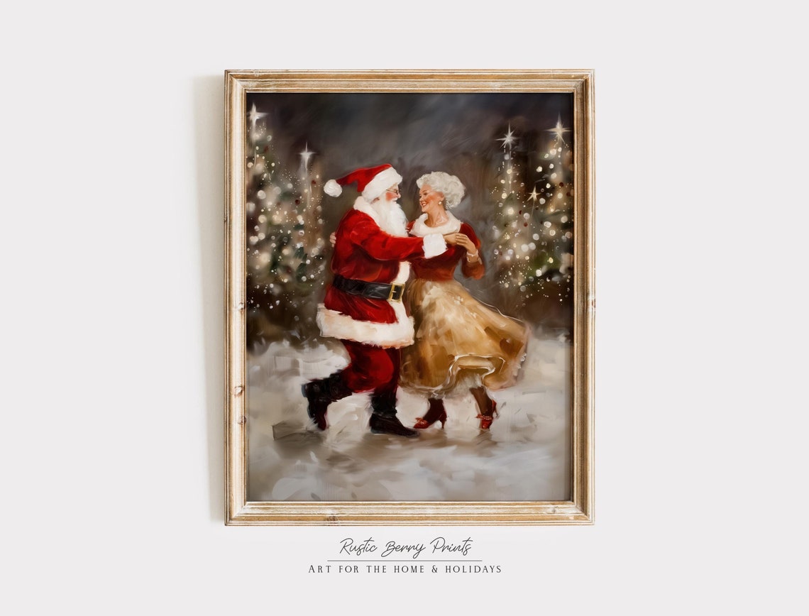 Santa Mrs Claus Dancing Starlit Night Glowing Trees Festive Poster