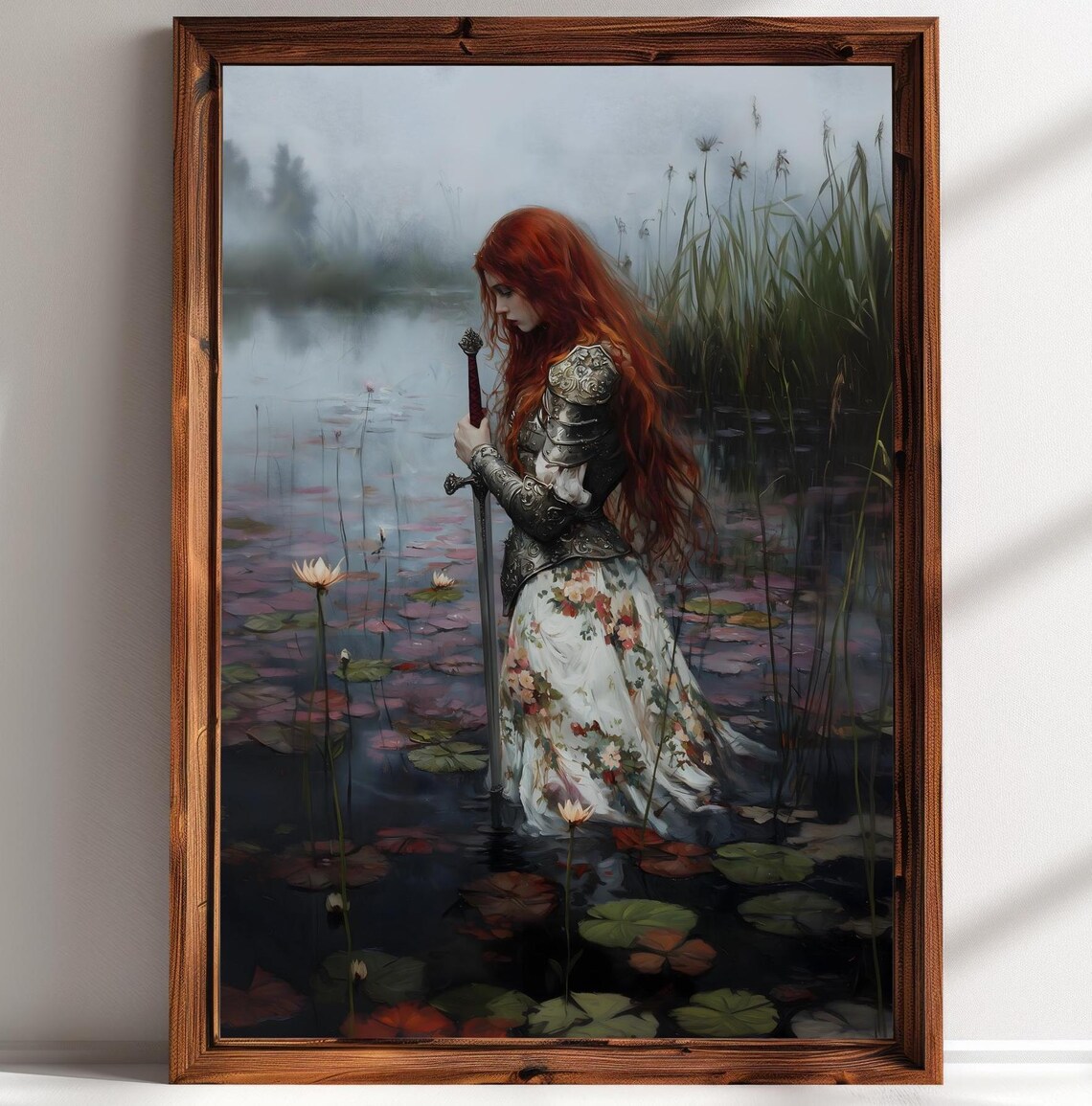 Red Haired Knight in Floral Skirt With Sword in Lily Pond Print