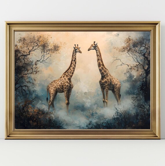 Giraffe Print Moody Jungle Painting Eclectic Wall Art Print Dark Cottagecore Landscape Safari Farmhouse Giraffe Lover Africa Decor