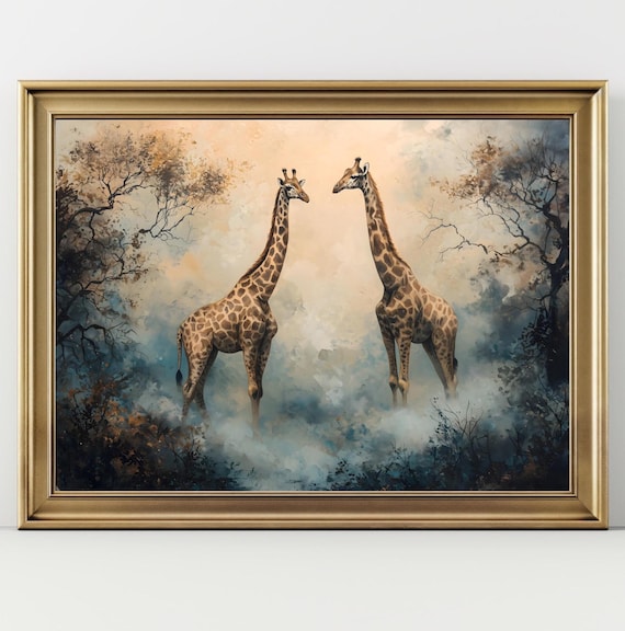 Two Giraffes Facing Each Other Misty Jungle Watercolor Safari Poster