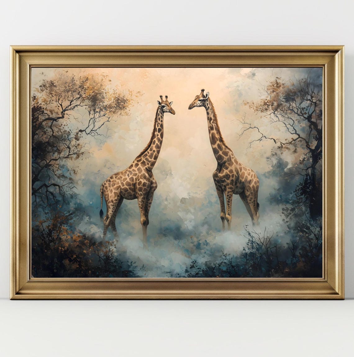 Two Giraffes Facing Each Other Misty Jungle Watercolor Safari Poster