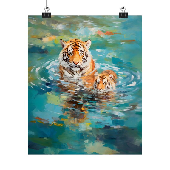 Two Tigers Swimming in Turquoise Water Wildlife Oil Painting Poster