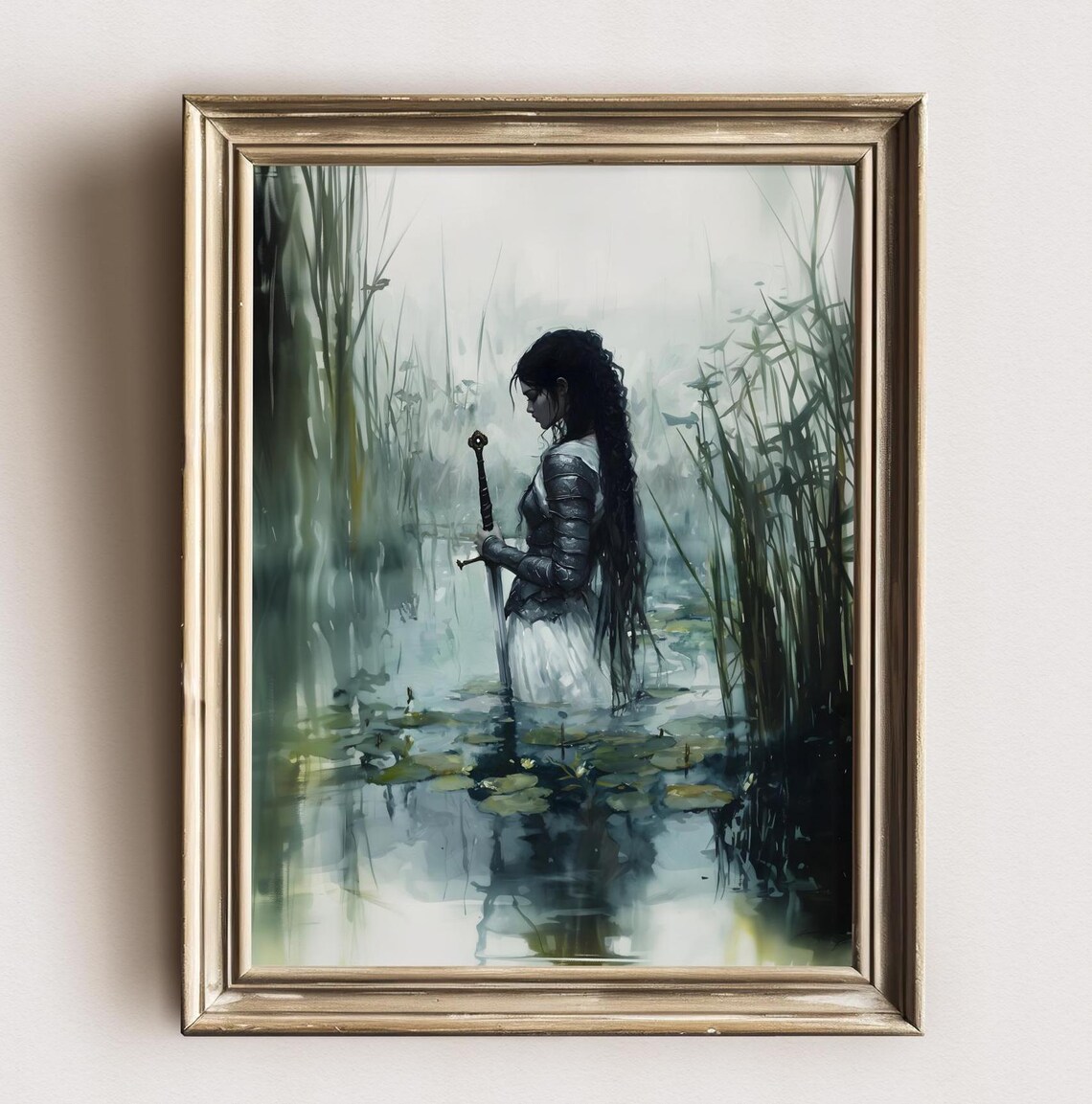 Armored Woman in Profile With Sword in Misty Lily Pond Art Print - Image 2