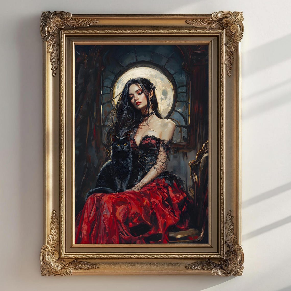 Gothic Vampire Woman Red Corset Dress Black Cat Moonlight Art Print - Image 2
