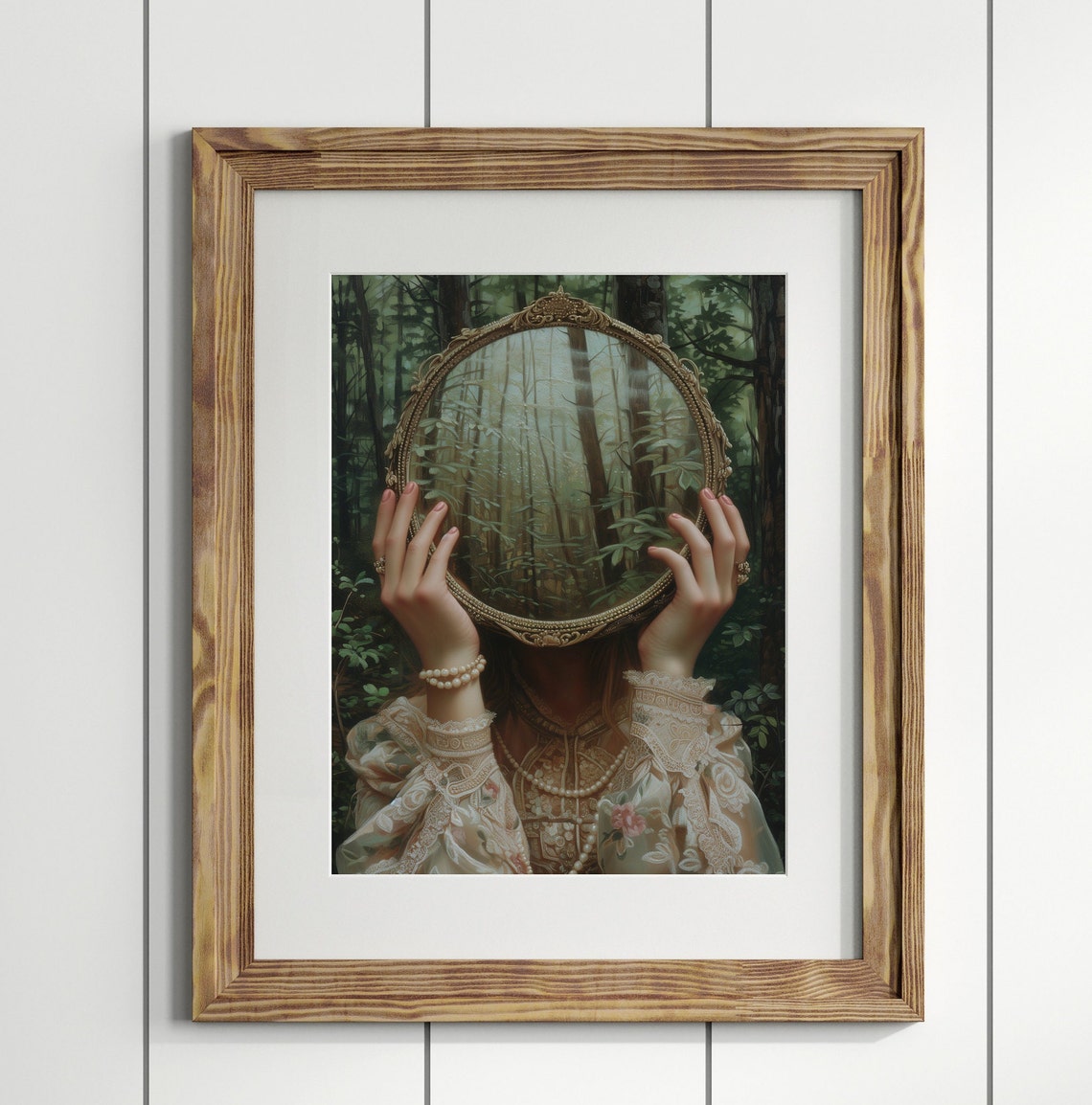 Woman Holding Antique Mirror In Forest Victorian Lace Surreal Poster - Image 2