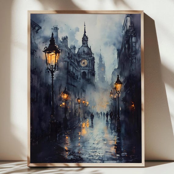 London Print Moody Watercolor Dark Wall Art Dark Academia Style Moody Victorian English City Gothic Painting Watercolor Landscape