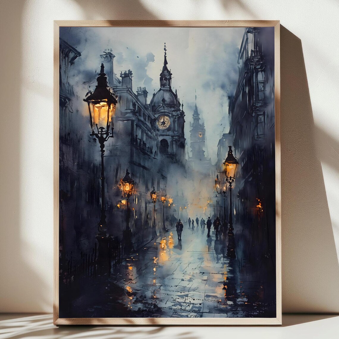 London England Rainy Victorian Street Lamplight Clock Tower Travel Poster