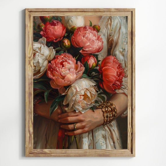 Victorian Peonies Floral Art Print, Moody Cottagecore