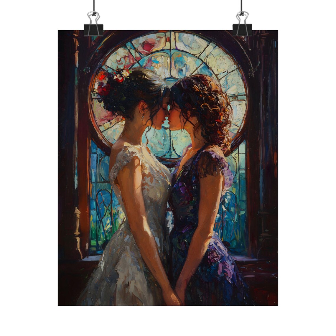Two Women Embracing Before Stained Glass Window Romantic Painting Art Poster - Image 2