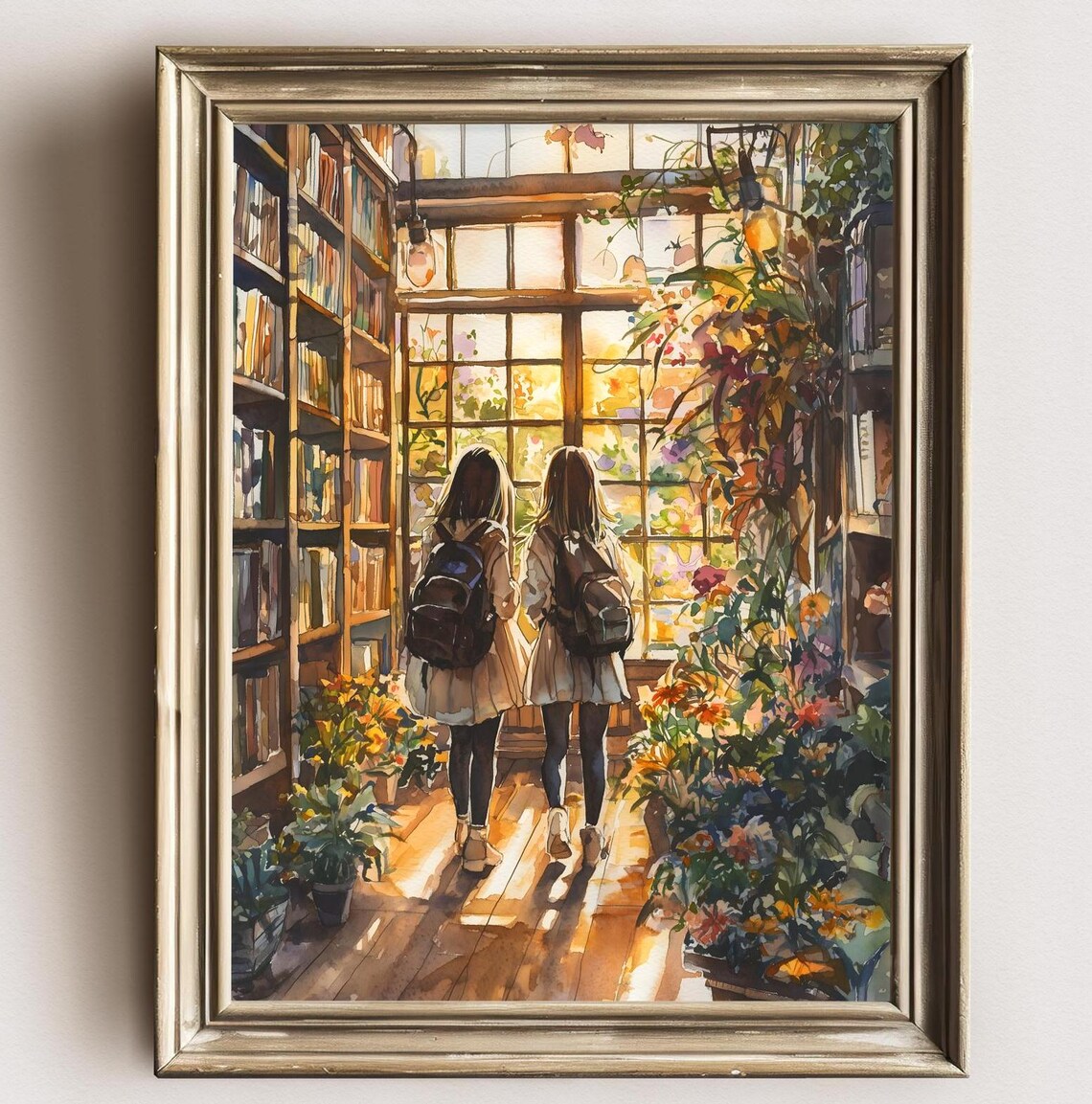 Two Girls Backpacks Greenhouse Library Sunlit Window Art Poster