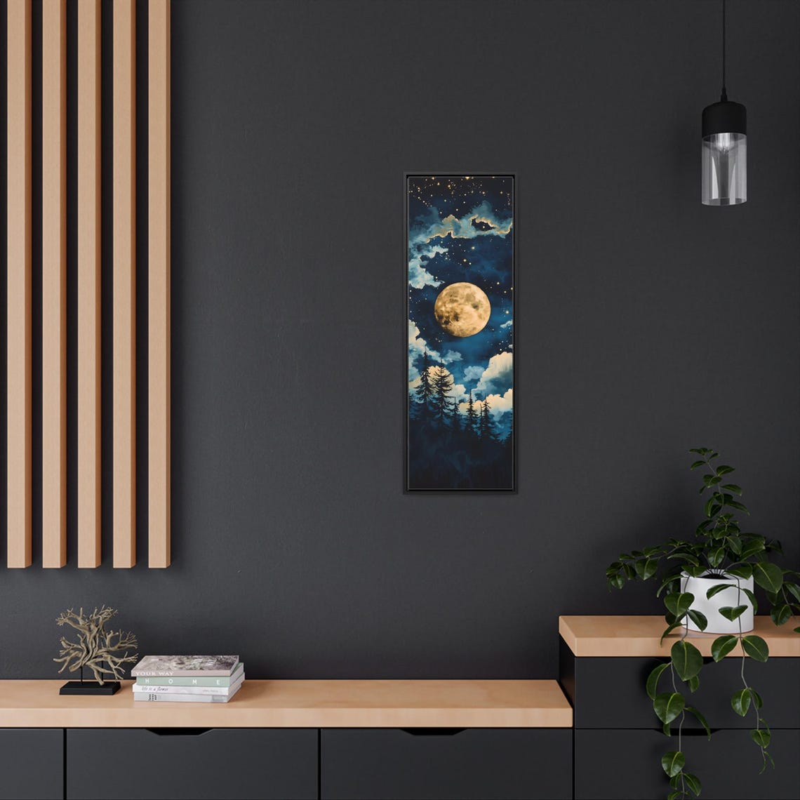 Starry Night Gallery Wraps Horizontal Frame Celestial Wall Art Moody Dark Abstract Night Sky Stars Decor Blue Gold Moody Bedroom - Image 2