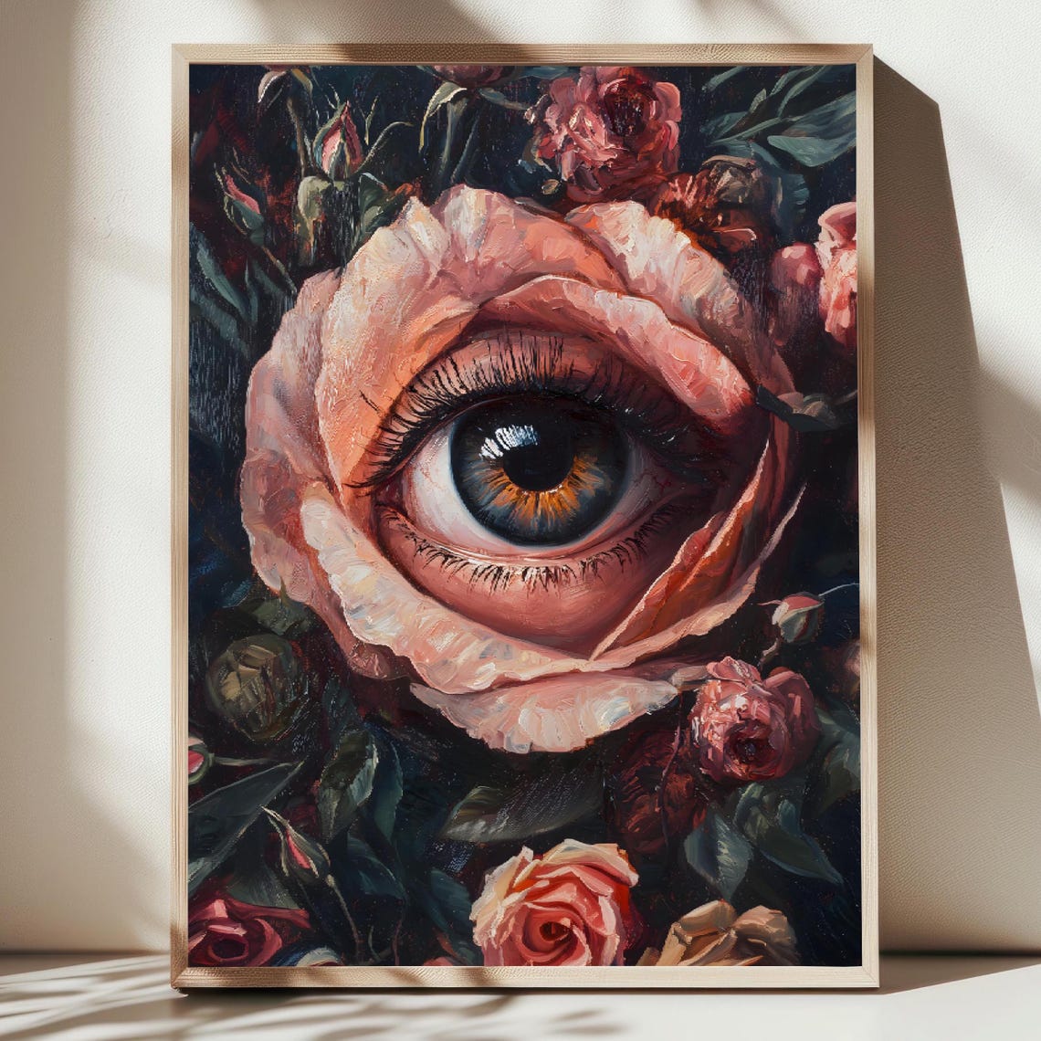 Surreal Human Eye Inside Pink Rose Dark Botanical Macabre Art Poster