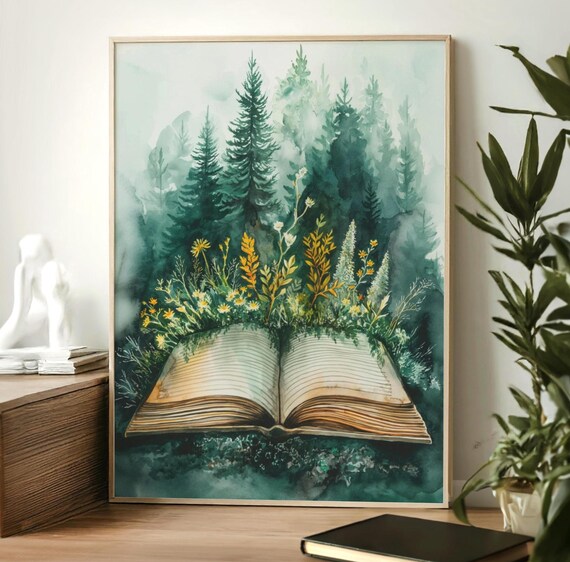 Open Book With Forest Growing Inside Watercolor Bookish Nature Art Poster