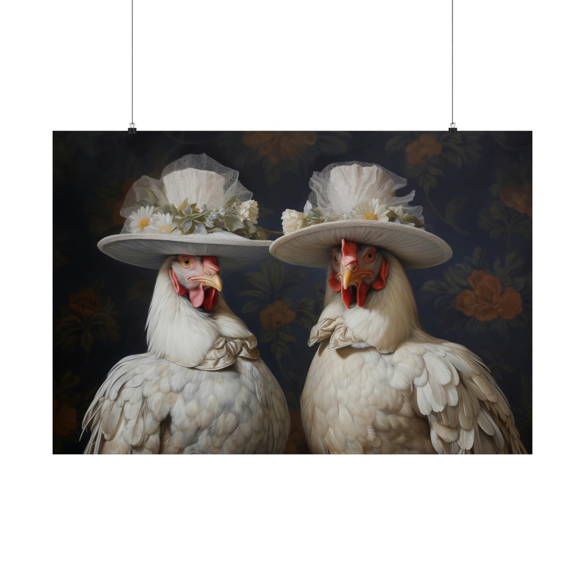 Victorian Chicken Couple Feathered Hats Humorous Animal Oil Art Print - Image 2