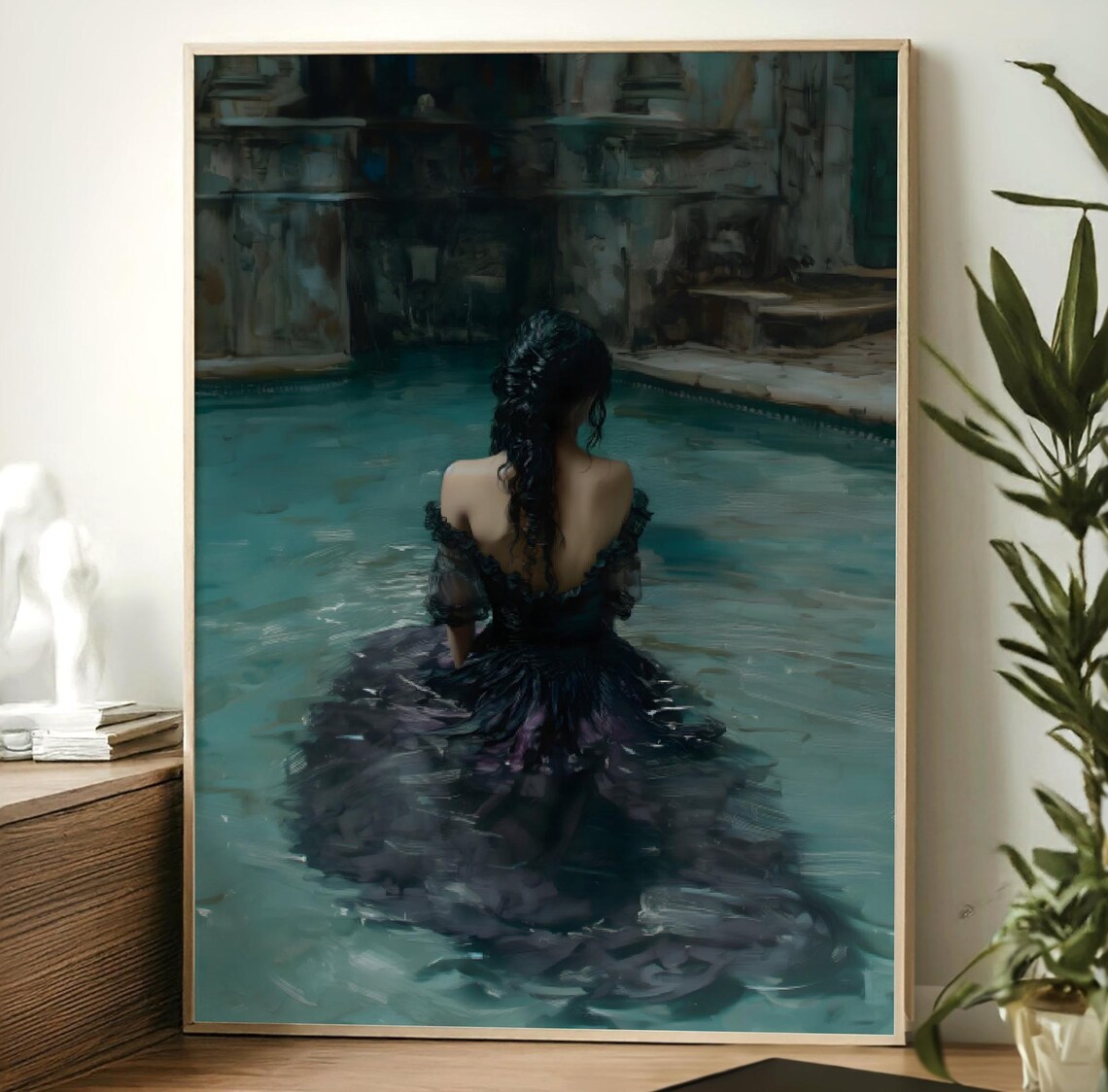 Woman In Black Gown Standing In Teal Pool Dark Romantic Water Art Poster - Image 3