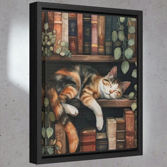 Framed Gallery Sleeping Cat Dark Academia Decor Moody Bookish Wall Art Stack Books Print Decor Dark Academia Decor Print Library