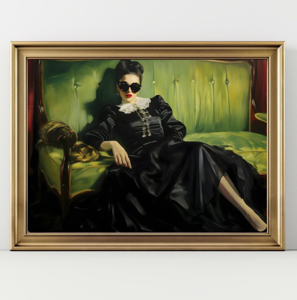 Young Woman on a Green Couch, Dark Academia Art Print