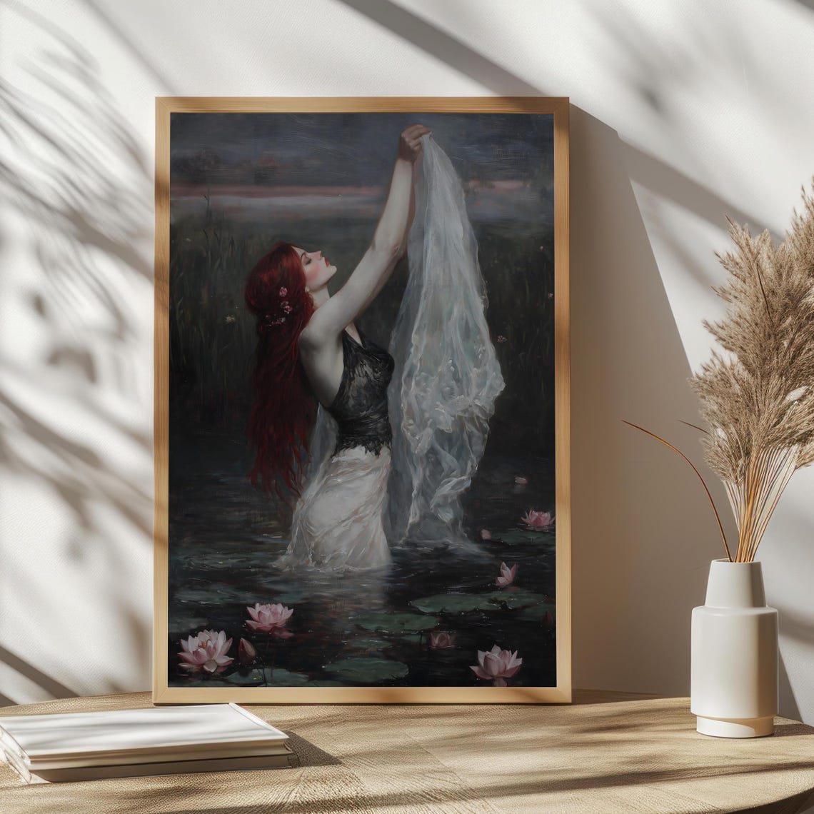 Redhead Woman Black Corset Lily Pond Sheer Veil Dusk Gothic Poster - Image 2