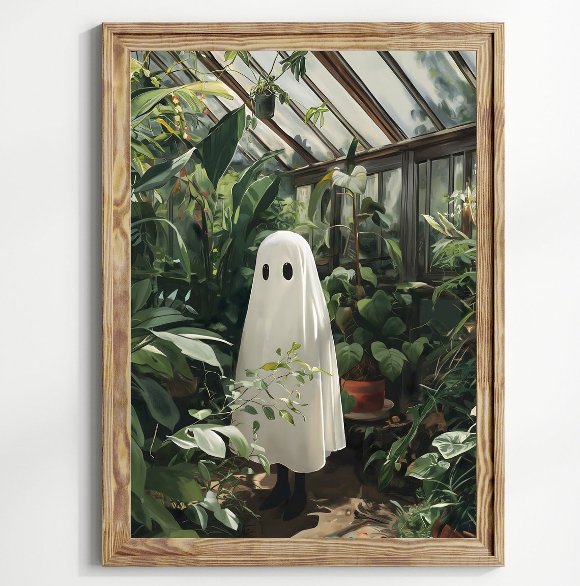 Cute Ghost Standing In Lush Greenhouse Plants Cottagecore Art Poster - Image 3