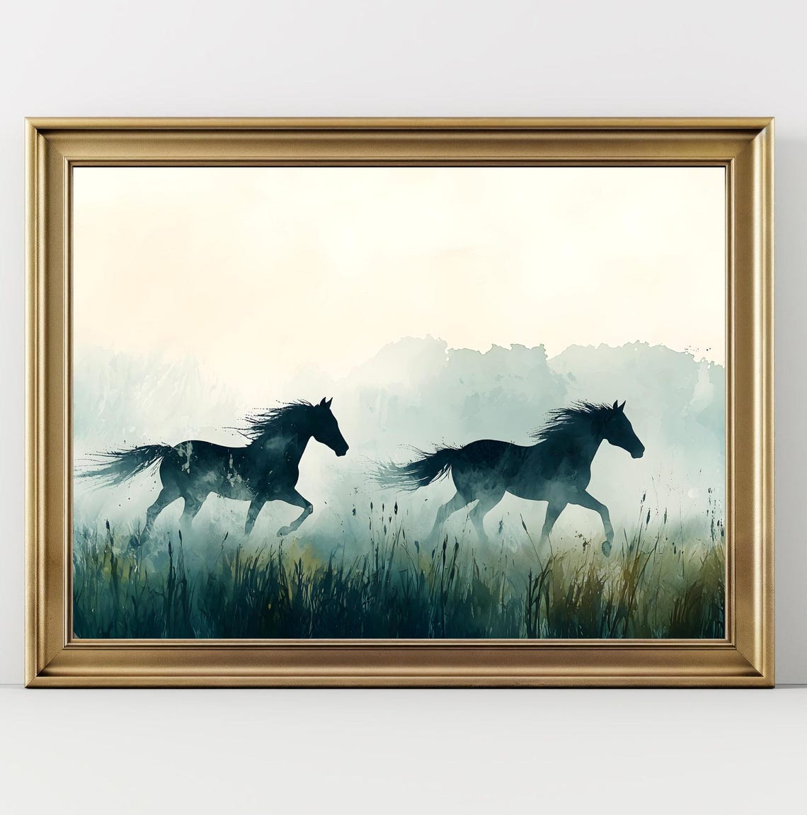 Two Horses Galloping Through Misty Morning Grass Watercolor Art Print