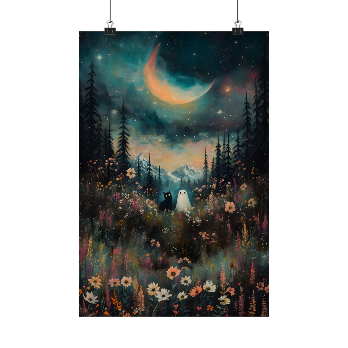 Ghost And Black Cat In Night Forest Moon Wildflowers Spooky Halloween Art Print - Image 2
