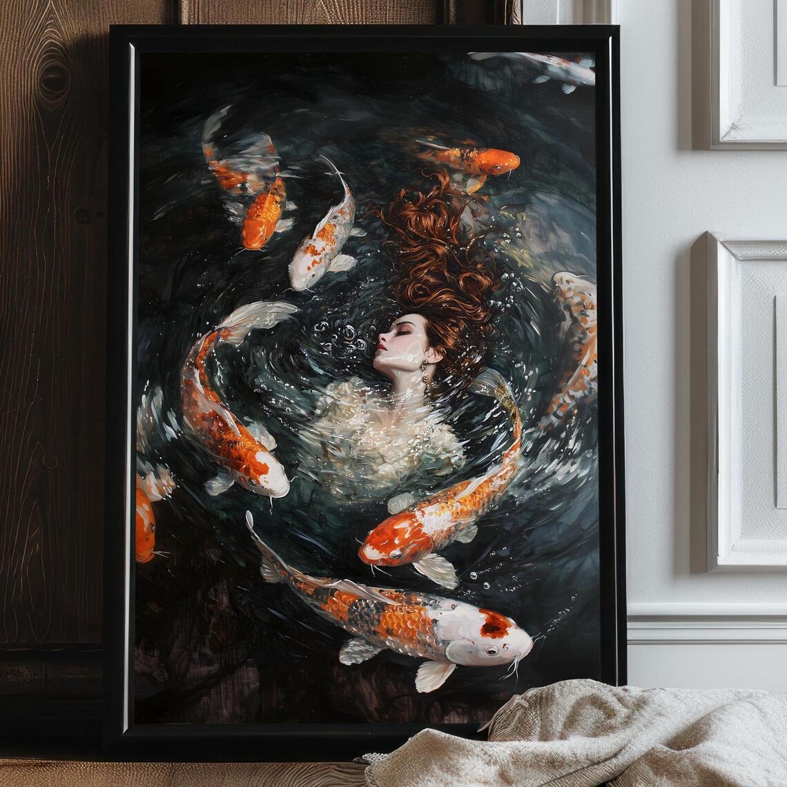 Red Haired Woman Floating Among Koi Fish Dark Water Moody Oil Painting Poster