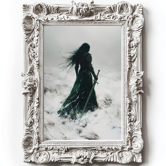 Female Knight Winter Decor Dark Academia Print Snow Goth Moody Victorian Wall Art Dark Decor Aesthetic Woman With Sword Print