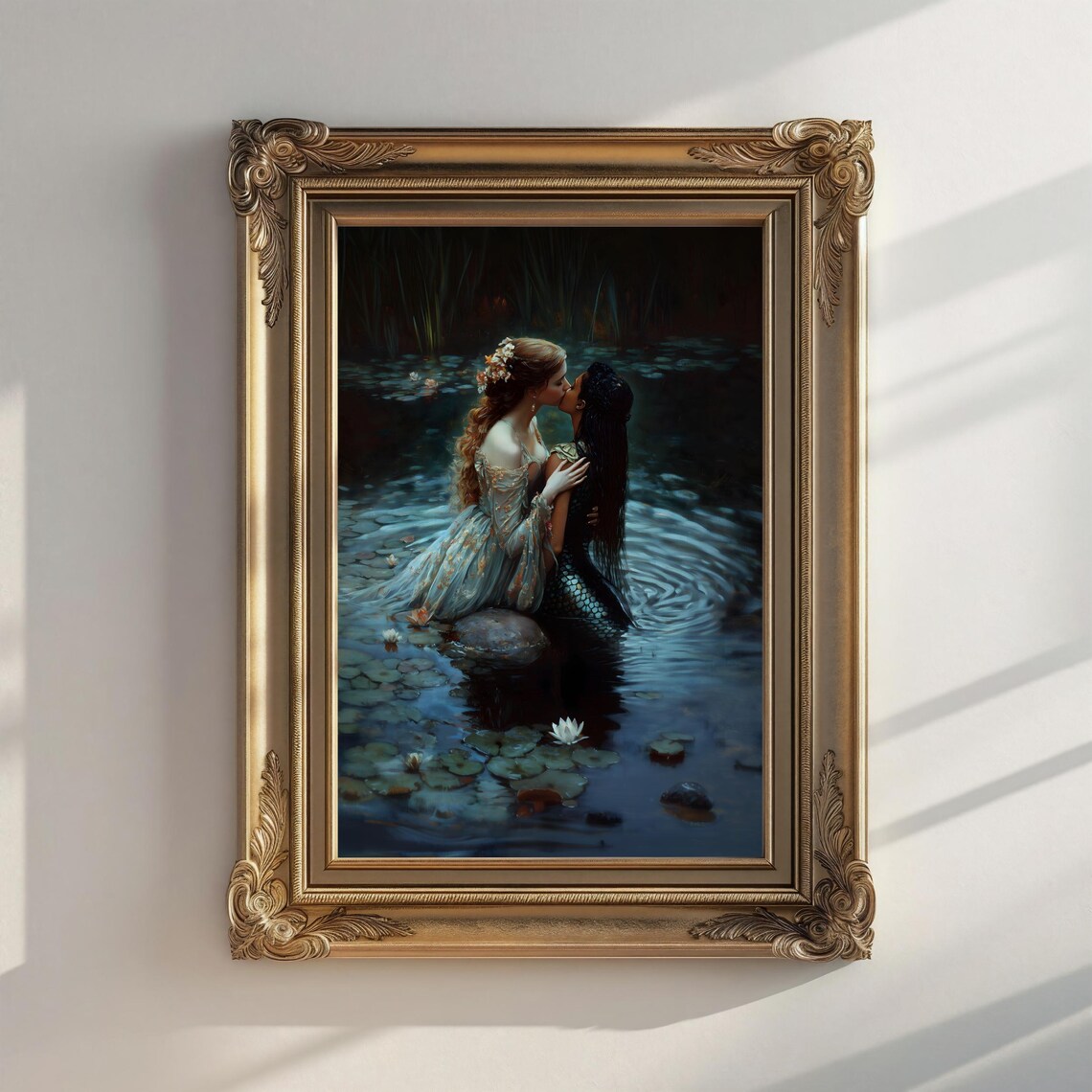 Women Kissing Lily Pond Romantic Dark Gothic Mermaid Fantasy Wall Art Poster - Image 5