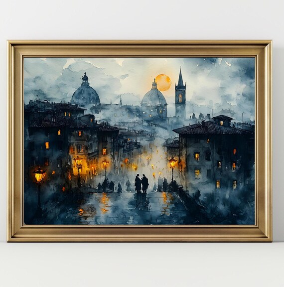 Florence Italy Moonlit Old Town Cobblestones Lanterns Travel Poster