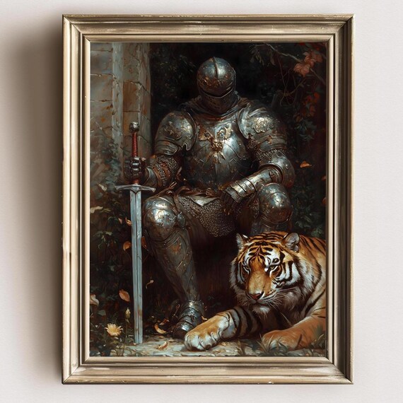 Medieval Knight With A Tiger Art Print Knightcore Fantasy Art Fantasy Maximalist Decor Dark Academia Print Goth Moody Victorian Wall Art