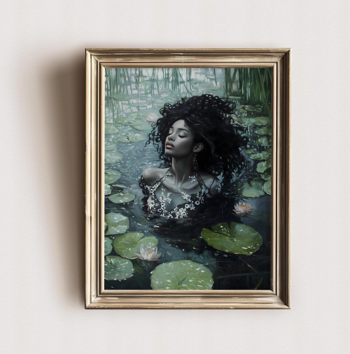 Black Woman in Lace Emerging From Dark Lily Pond Night Art Print - Image 2