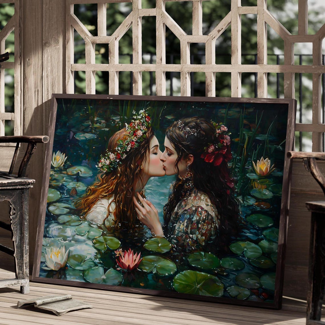 Love Queens Kissing Lily Pond Sapphic Romance Oil Painting Art Print - Image 3