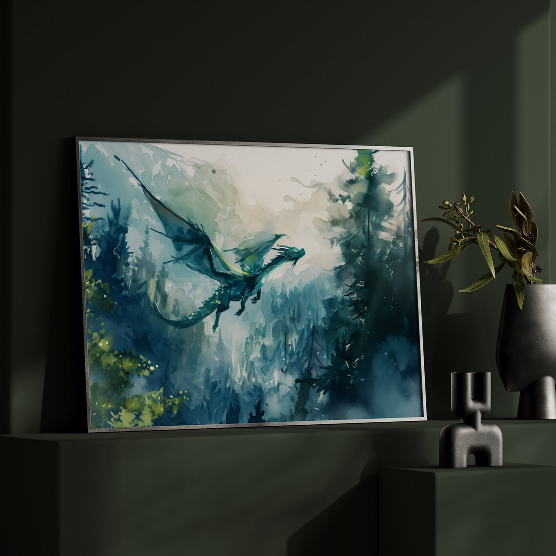 Forest Dragon Watercolor Poster Print, Dark Academia - Image 3