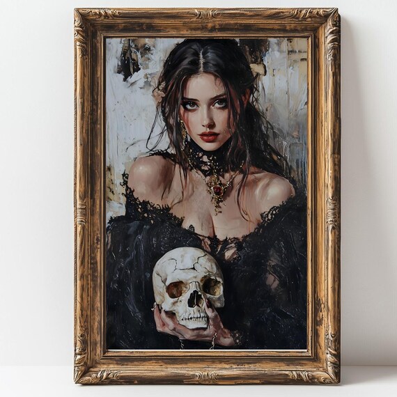 Gothic Woman Holding Skull Black Lace Dark Romantic Oil Painting Print