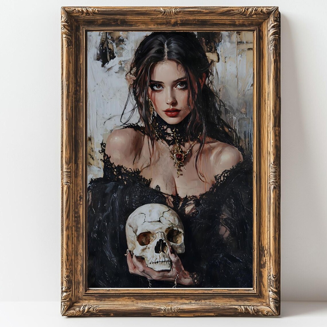 Gothic Woman Holding Skull Black Lace Dark Romantic Oil Painting Print