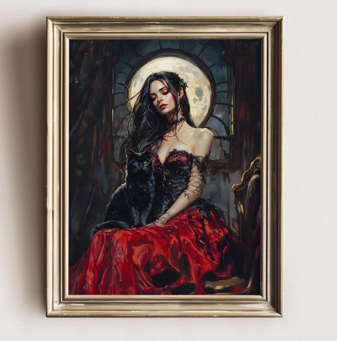 Gothic Vampire Woman Red Corset Dress Black Cat Moonlight Art Print